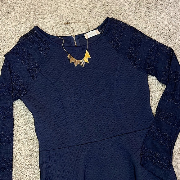NWT Altar’d State (LG) Navy Blue Knit A-Line Fit & Flare Dress w/ Lace Sleeves - Picture 3 of 13